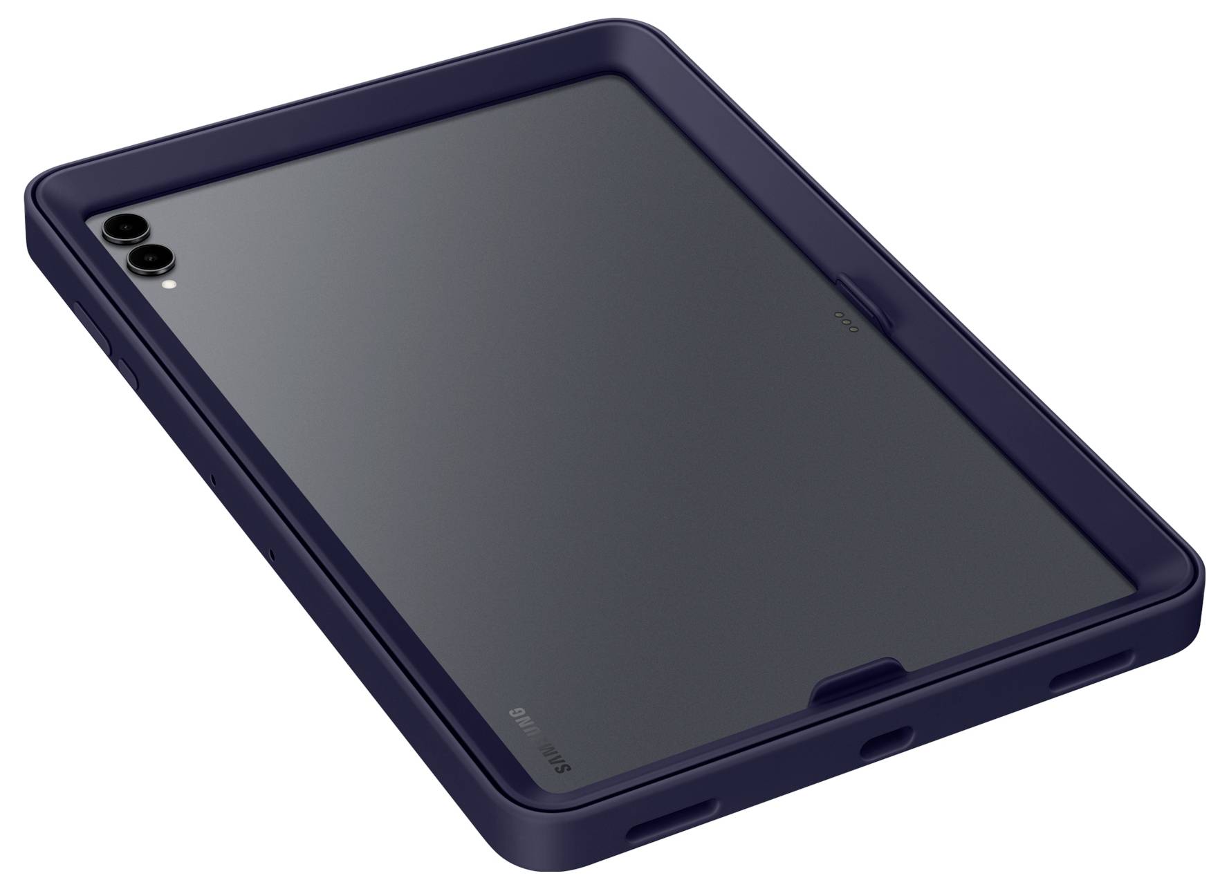 Černý ochranný obal na tablet s dvojitým výřezem pro fotoaparát a bezpečným upevněním je zobrazen na bílém pozadí.