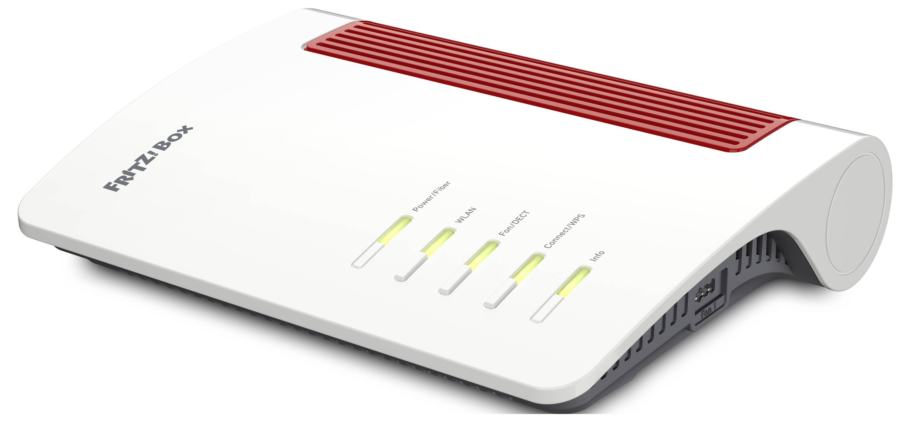 Bílý a červený internetový router s indikačními kontrolkami označenými: 'Napájení/DSL', 'FON/DECT', 'WLAN', 'Připojení/WPS' a 'Info'.