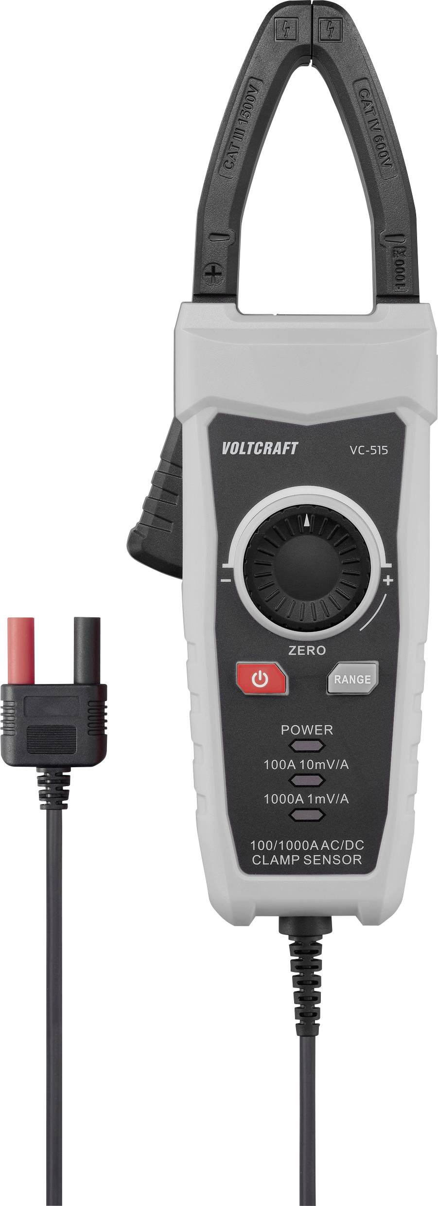 Elektronické zařízení s názvem 'Voltcraft VC-539' s klešťovým snímačem a otočným ovládáním pro měření elektrických proudů.