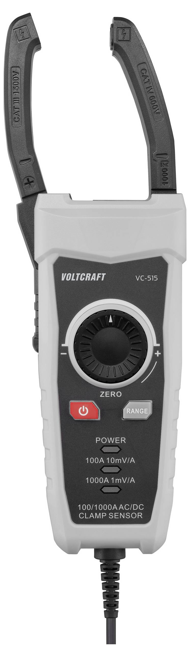 Digitální klešťový měřič, 'VOLTCRAFT VC-510', zobrazuje výkon, přepínač režimů a sondy na horní straně. Používá se pro měření elektrických proudů.