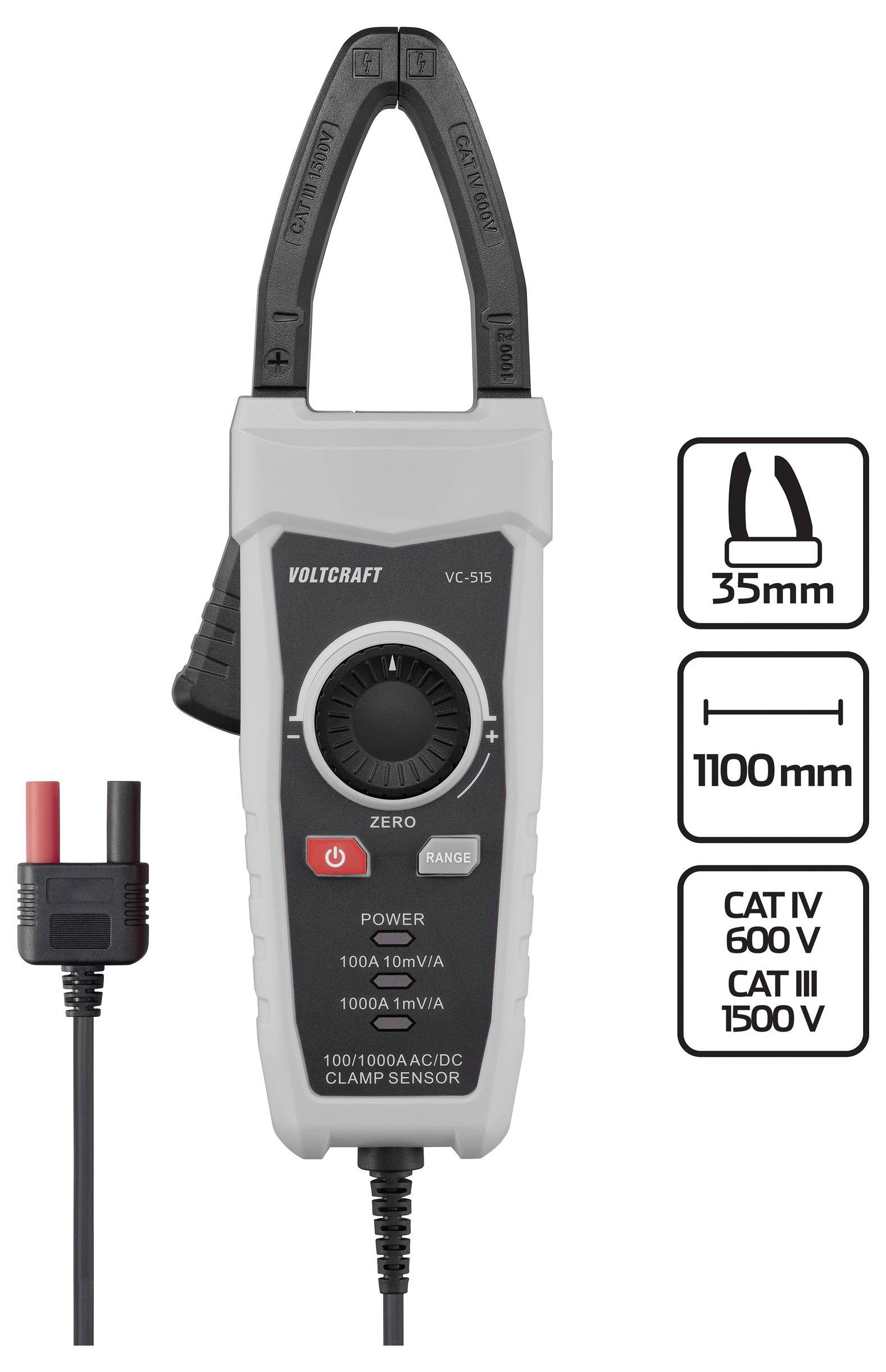 Klešťový multimetr 'Voltcraft VC-595' s rozevřením čelistí 35 mm, s rozsahy měření proudu 100 A/600 V a 1000 A/1500 V, vhodný pro kategorii CAT IV 600 V a CAT III 1500 V.