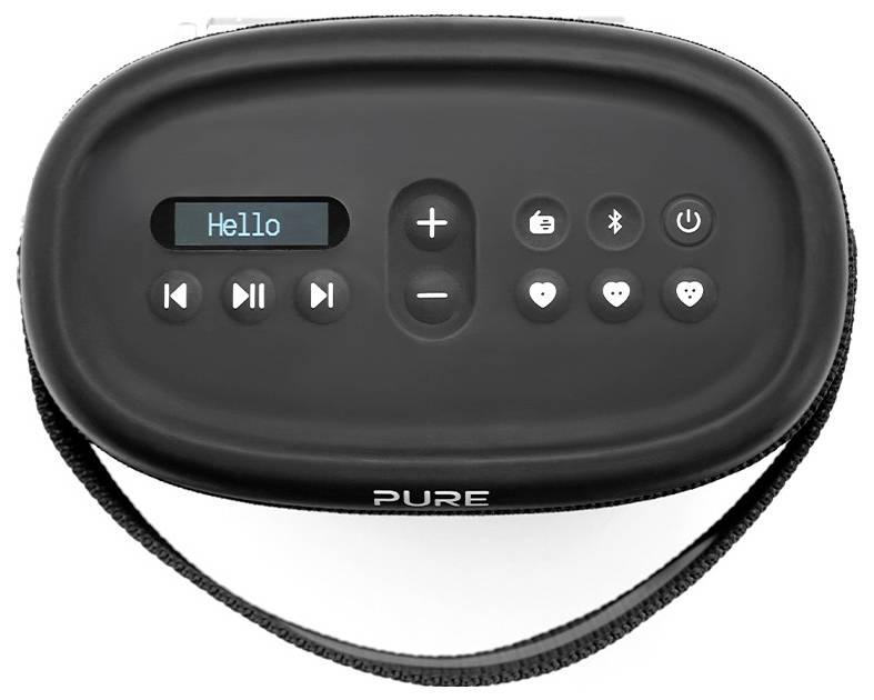 Černý oválný reproduktor s tlačítky pro ovládání hlasitosti, přehrávání, pozastavení, Bluetooth a napájení, zobrazuje na malém displeji text 'Hello'.