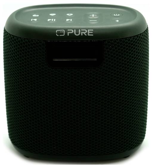 Malý černý Bluetooth reproduktor se ovládacími tlačítky na horní straně, včetně tlačítek pro přehrávání/pozastavení, ovládání hlasitosti a bluetooth připojení, s označením značky 'PURE'.