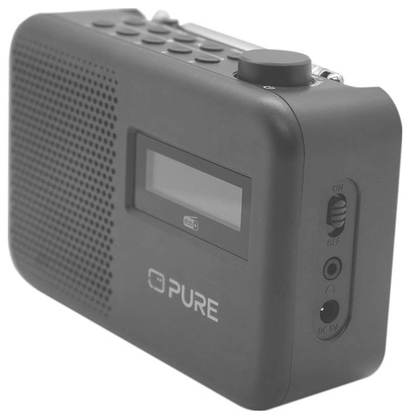 Černé přenosné rádio s LCD displejem a tlačítky pro ladění a nastavení hlasitosti. Na přední straně je vytištěn název značky 'PURE'.