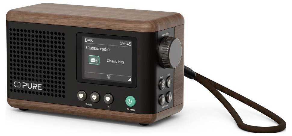 Kompaktní dřevěné digitální rádio zobrazující nápis 'Classic radio' na displeji, s připevněným náramkem, vybavené tlačítky a ladicím knoflíkem.