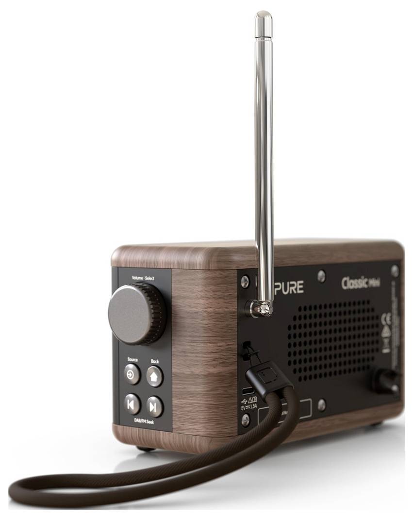 Vintage rádio ve stylu retro s dřevěným povrchem, kovovým anténním prvkem a ovládacími knoflíky, označené nápisem 'Classic Mini'.