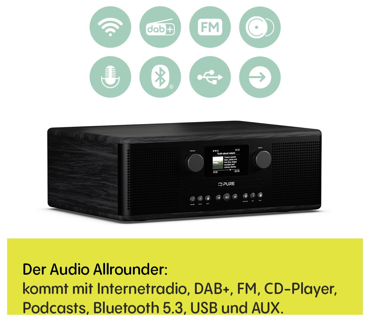 Černé audio zařízení s digitálním displejem a dvěma otočnými knoflíky. Ikony nahoře zobrazují audio funkce: internetové rádio, DAB+, FM, CD a Bluetooth. Text zdůrazňuje jeho všestrannost s různými audio formáty.