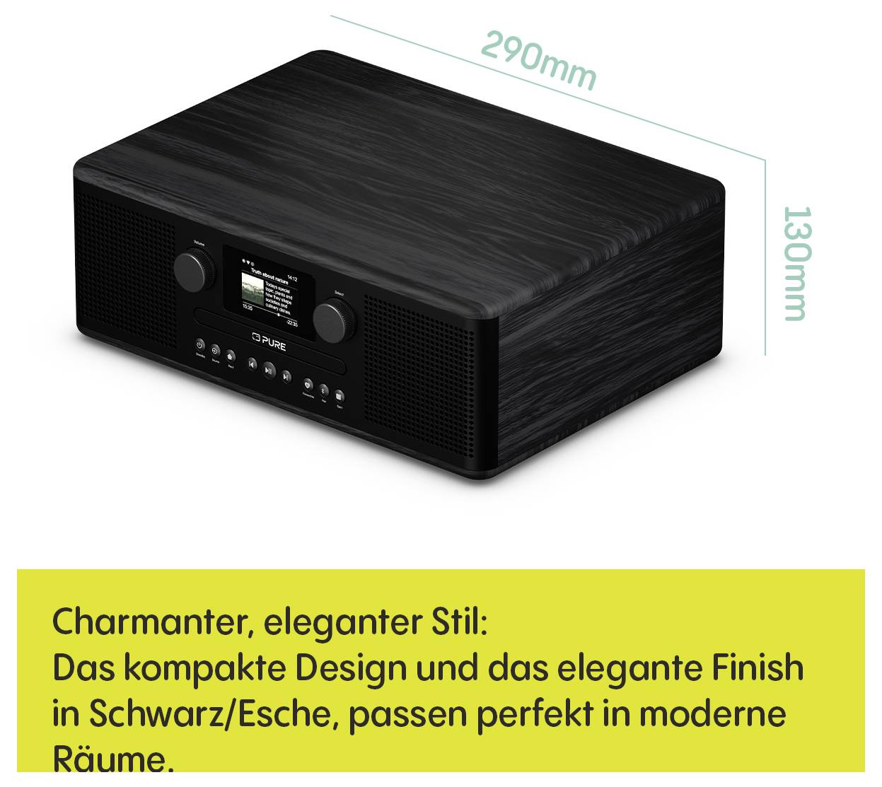 Kompaktní černé rádio s rozměry 290 mm x 130 mm je vystaveno. Německý text zdůrazňuje jeho elegantní styl a moderní design.