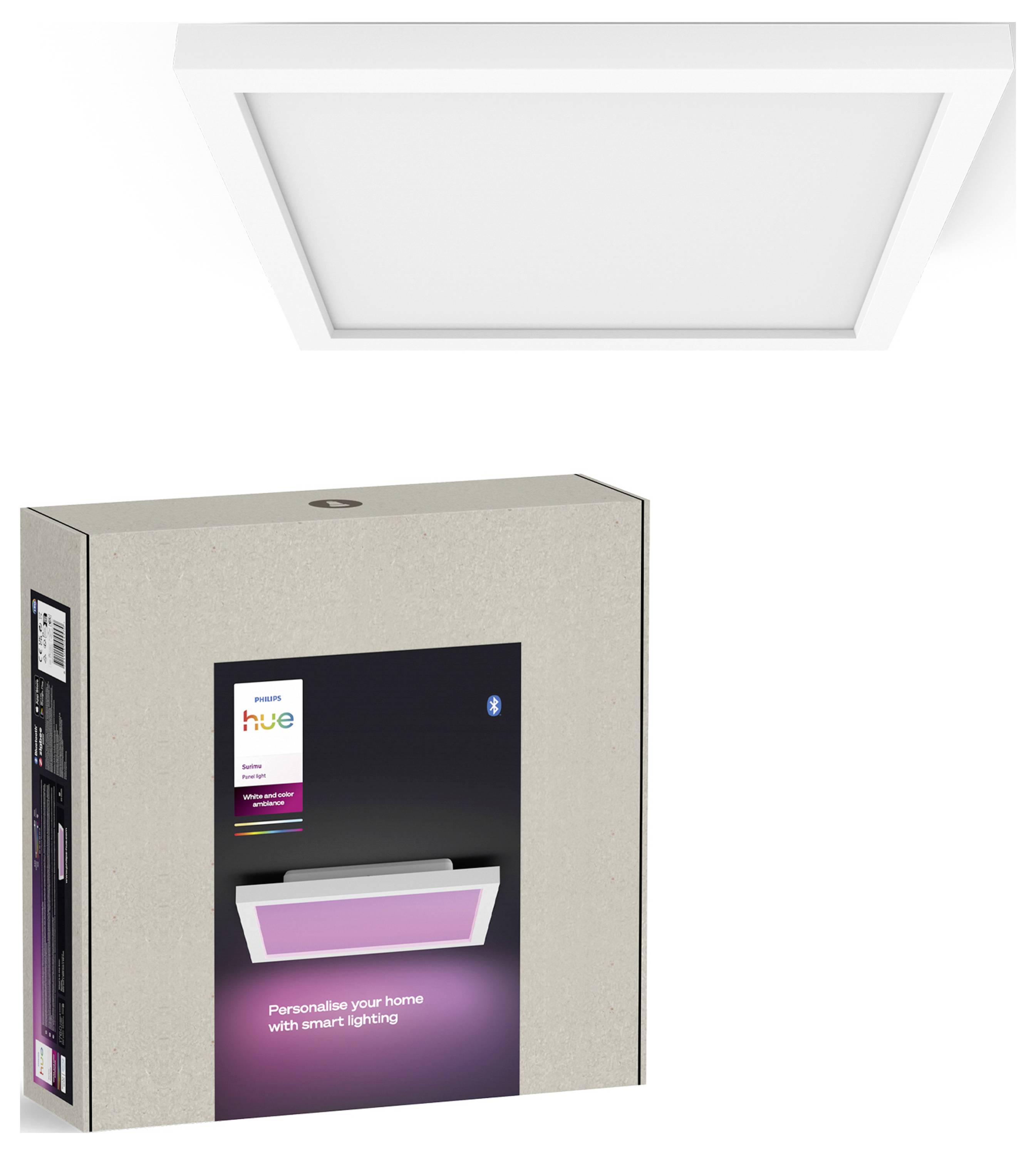 Obdélníkové chytré stropní světlo v obalu. Obal zobrazuje logo 'Philips Hue' a text 'Personalizujte si svůj domov chytrým osvětlením'.