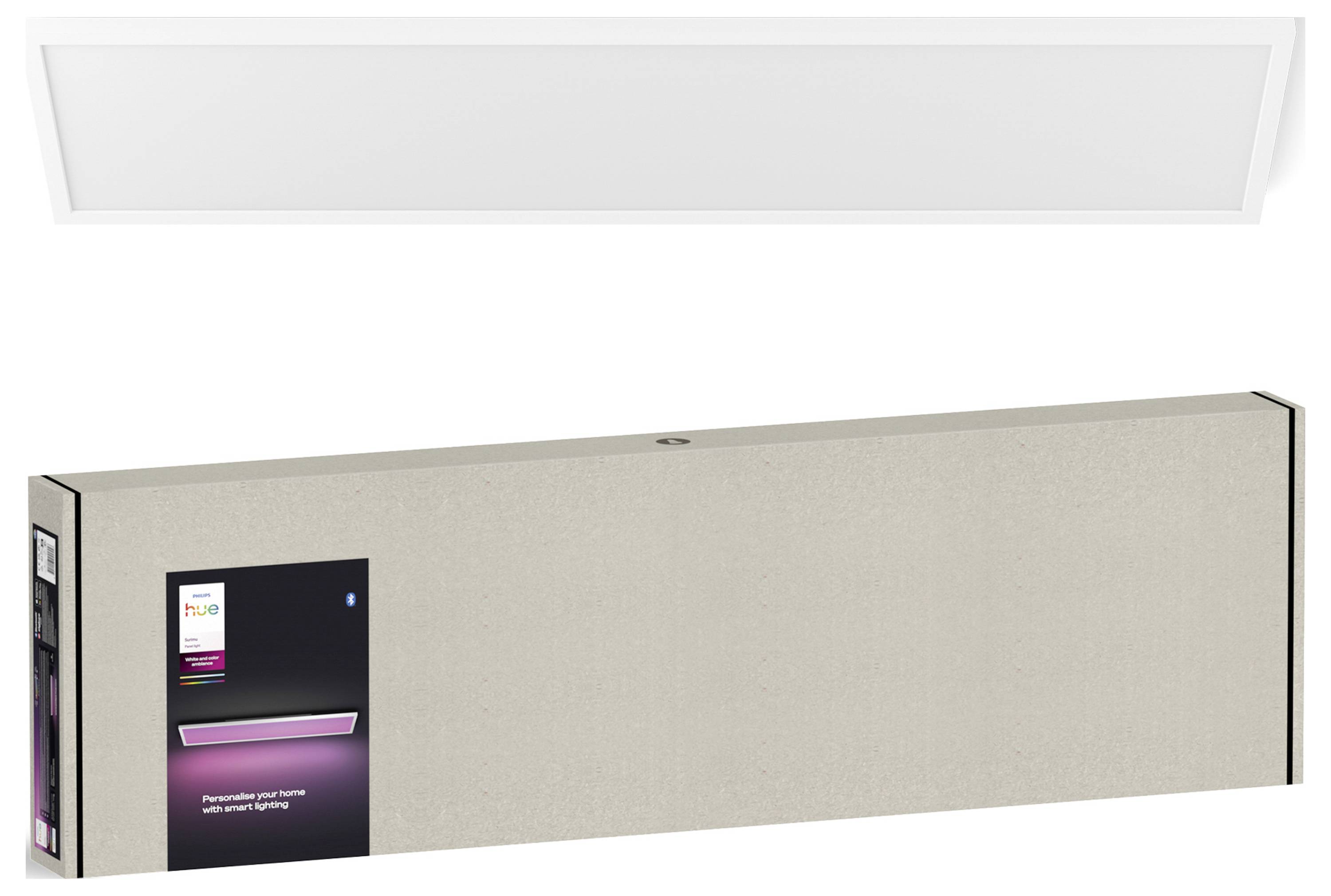 Nad svým obalovým boxem je zobrazen obdélníkový bílý stropní světlomet s elegantním designem.
