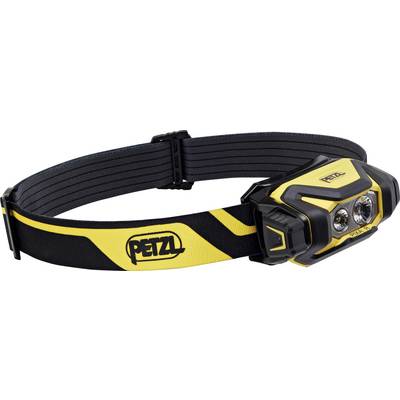 Žluto-černá čelovka s dvojitými LED světly a nastavitelným popruhem, na němž je umístěno logo Petzl.