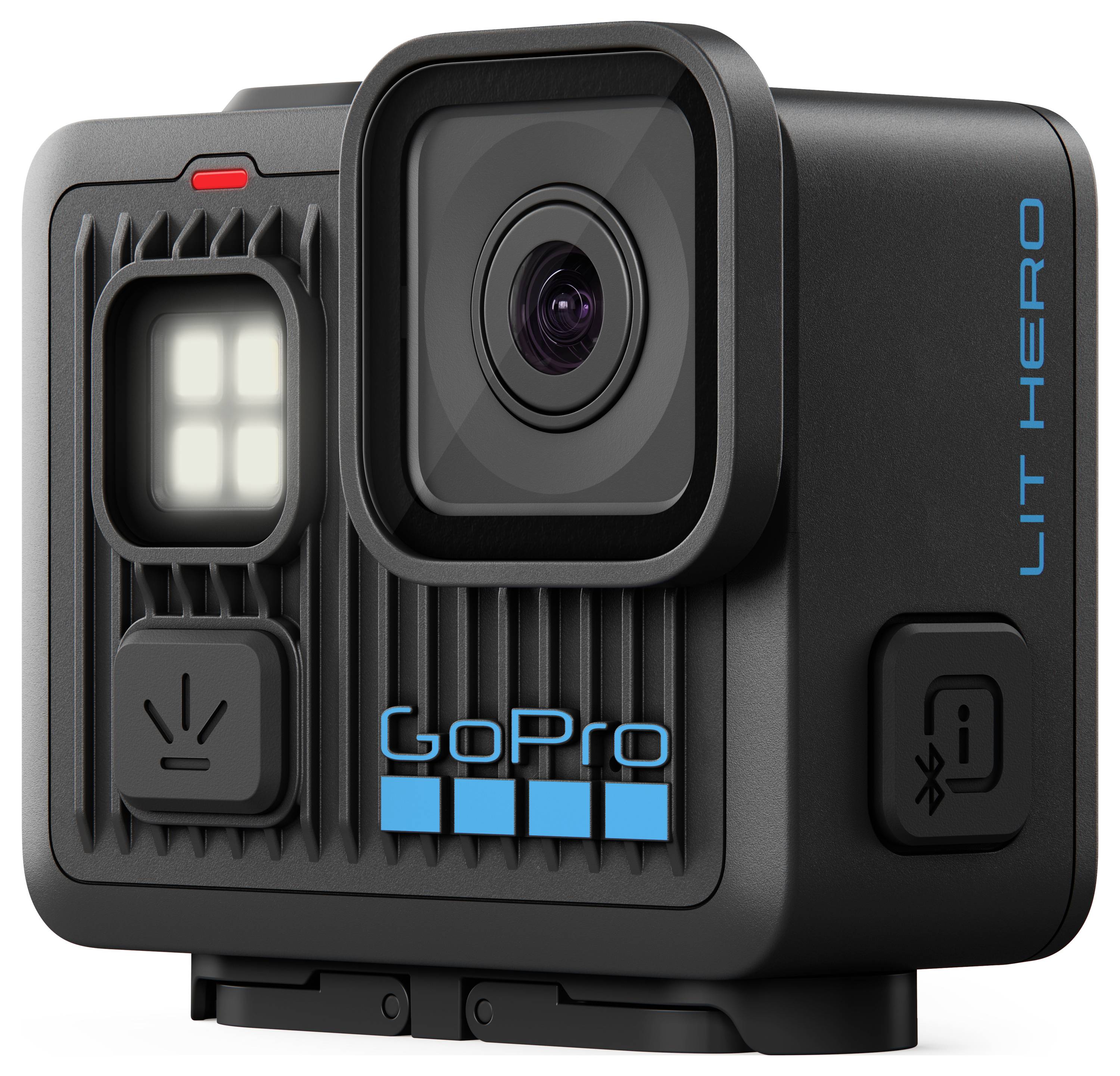 Kompaktní černá akční kamera s objektivem, malou obrazovkou a modrým logem 'GoPro'. Na boku je modře napsáno 'LIT HERO'.