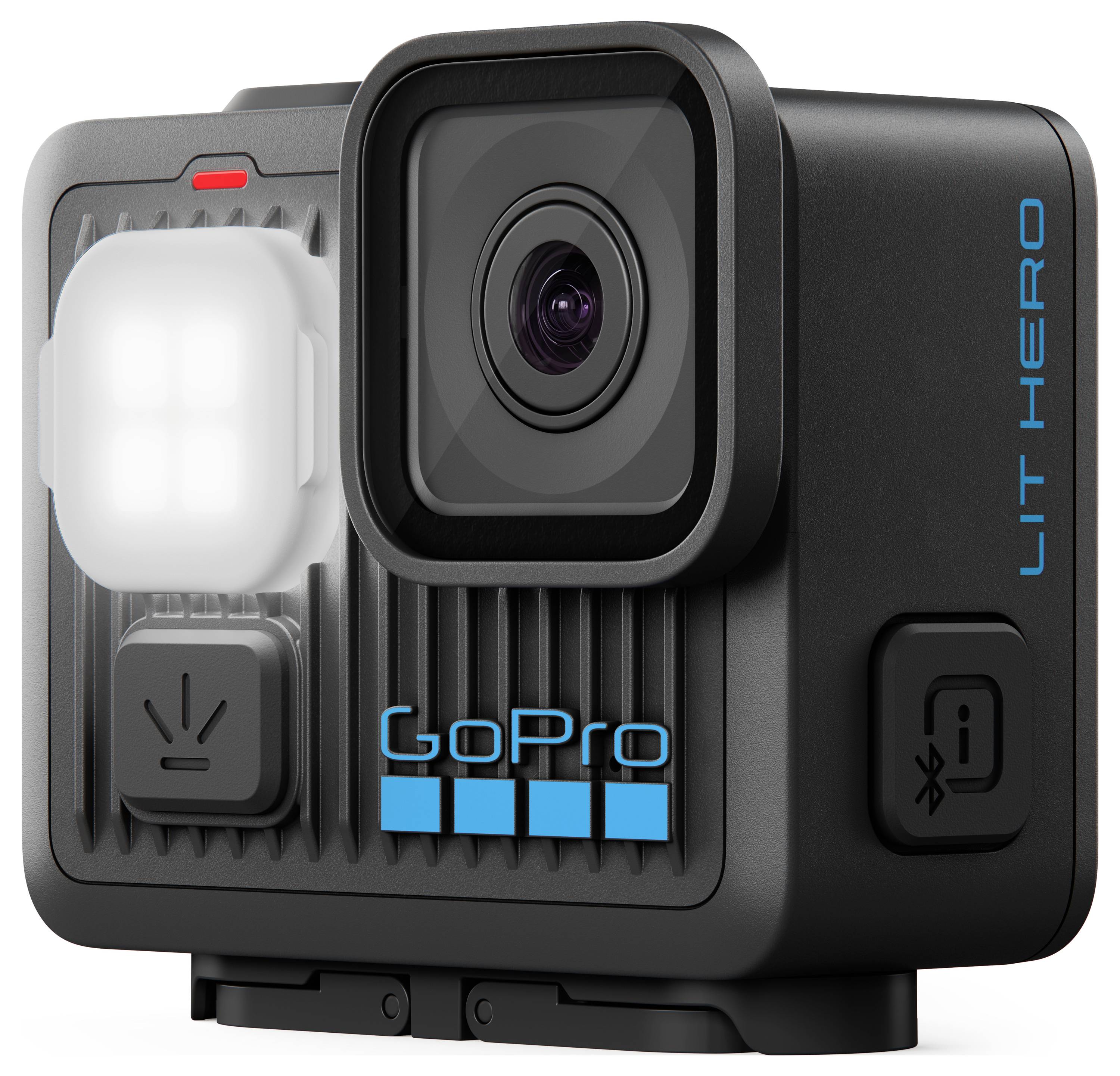 Kompaktní akční kamera s objektivem a montážní základnou, značky "GoPro LIT HERO", vybavená LED světlem na přední straně.