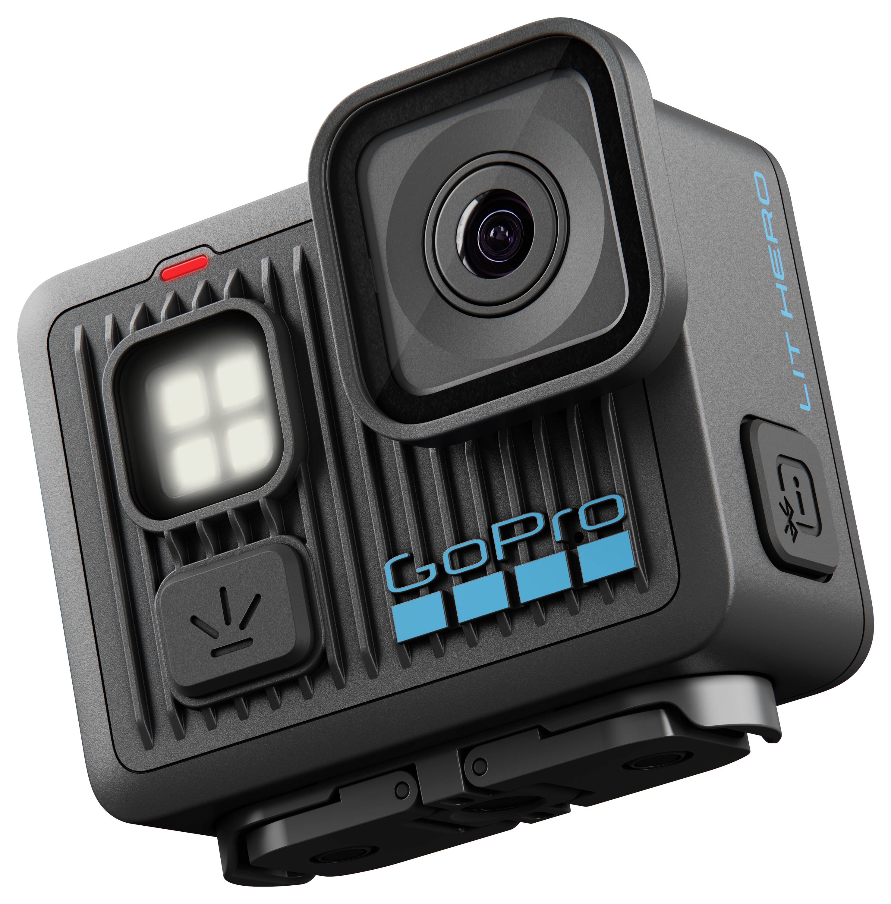 Kompaktní, odolný akční fotoaparát s širokým objektivem, logem 'GoPro' a modrými akcenty. Navržen pro pořizování vysoce kvalitních fotografií a videí.