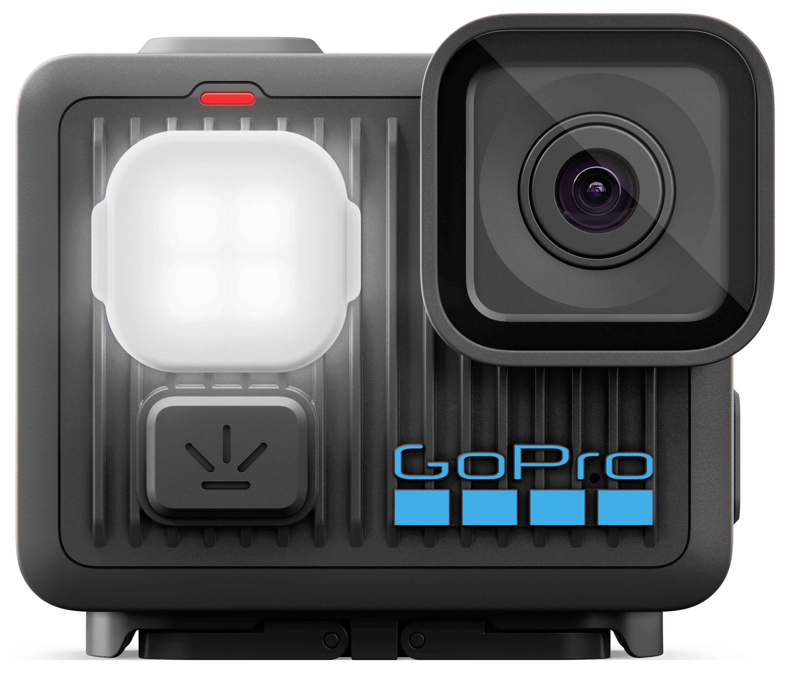 Kompaktní černá akční kamera s velkou čočkou vpravo a malou obrazovkou nad logem 'GoPro'. Je viditelná červená indikační kontrolka.