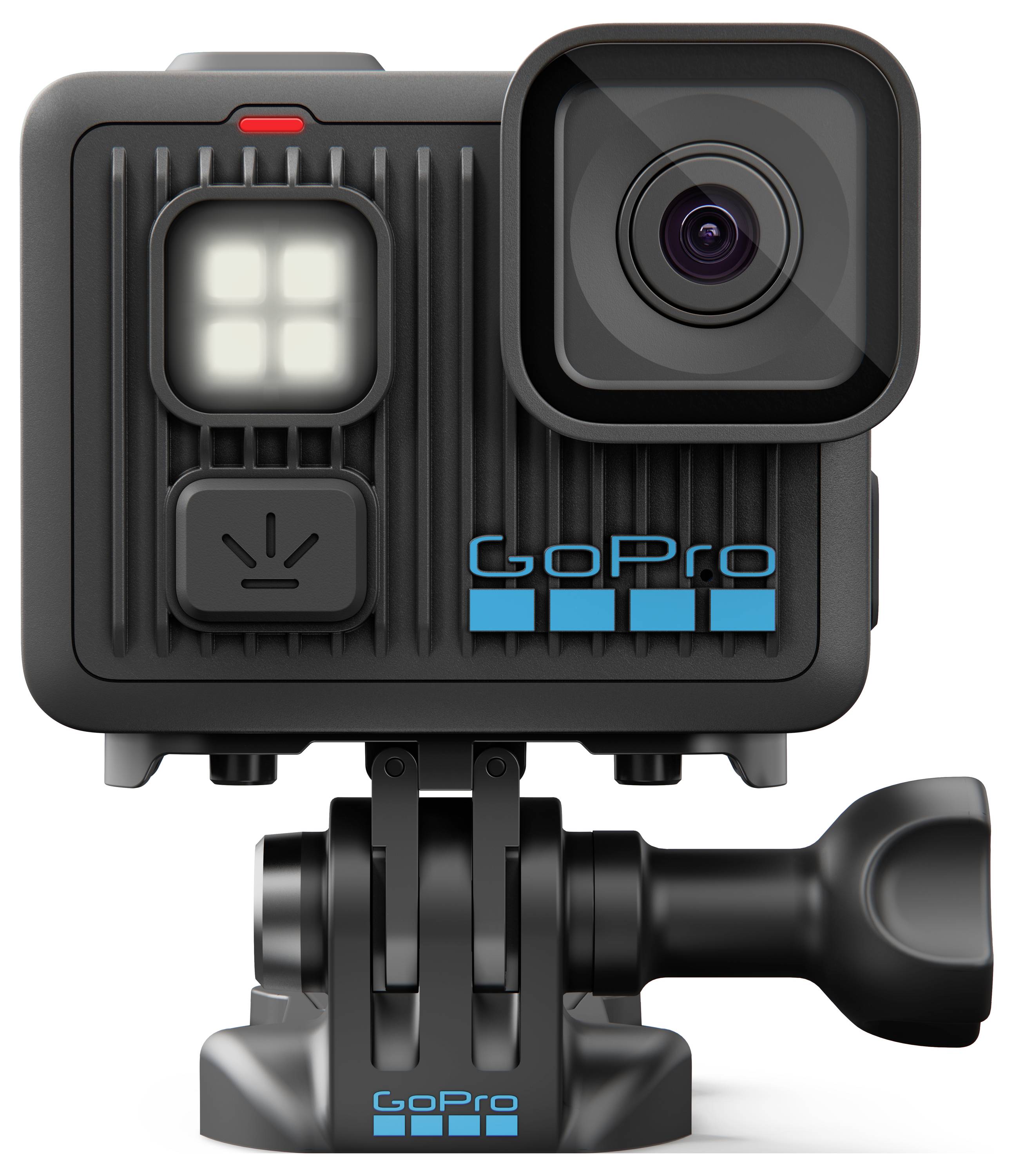Černá akční kamera upevněná na otočné základně, vybavená objektivem, LED displejem a modrým logem 'GoPro'.