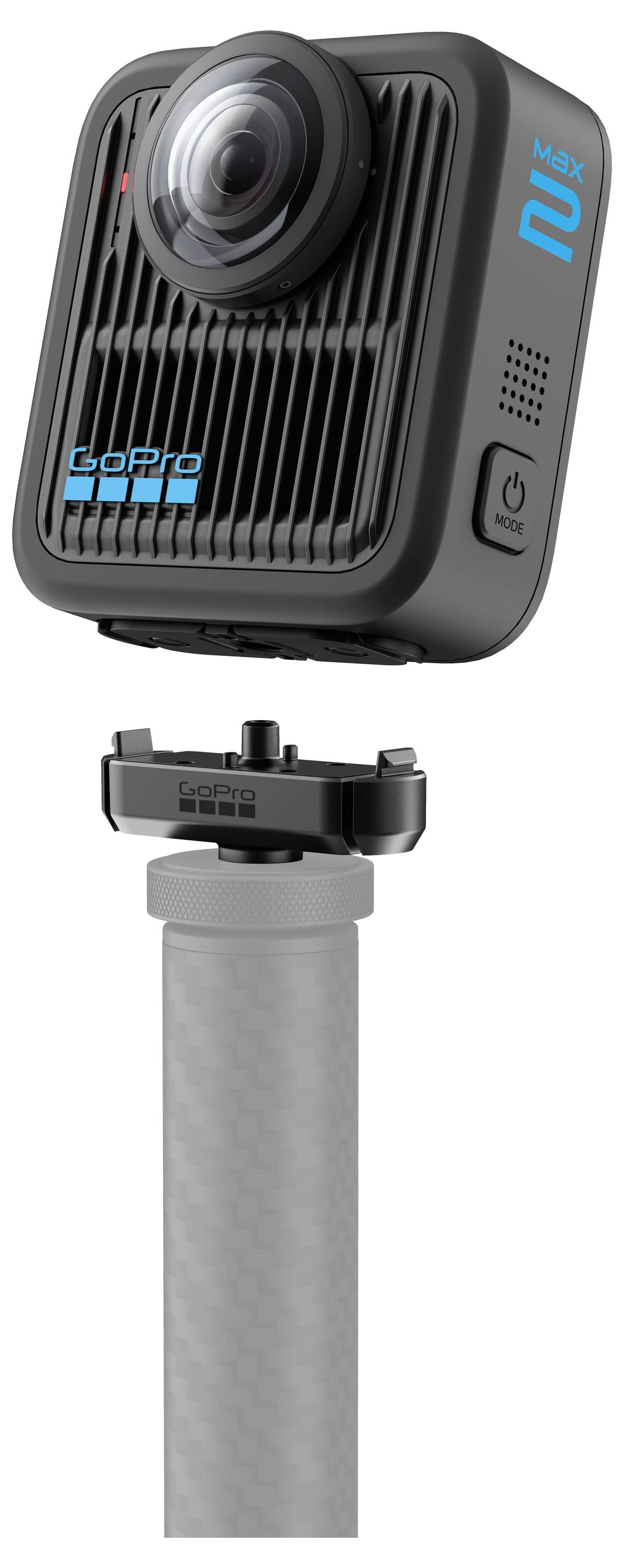 Kompaktní fotoaparát GoPro Max namontovaný na šedém držadle, zobrazující jeho objektiv a ovládací tlačítko, navržený pro akční a 360stupňové video nahrávání.