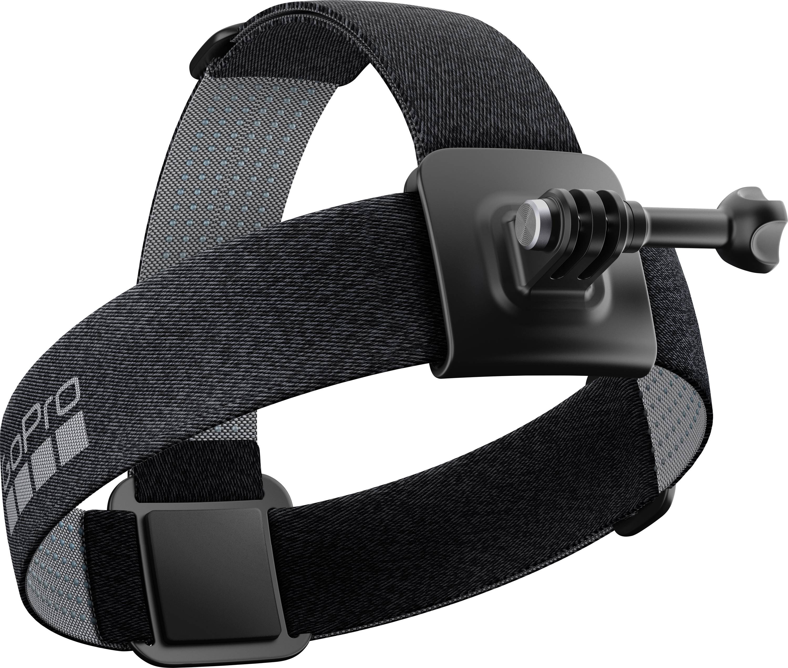 Černý elastický popruh na hlavu s nastavitelnými přezkami a připevňovací základnou GoPro, používaný pro bezkontaktní natáčení s akčními kamerami.