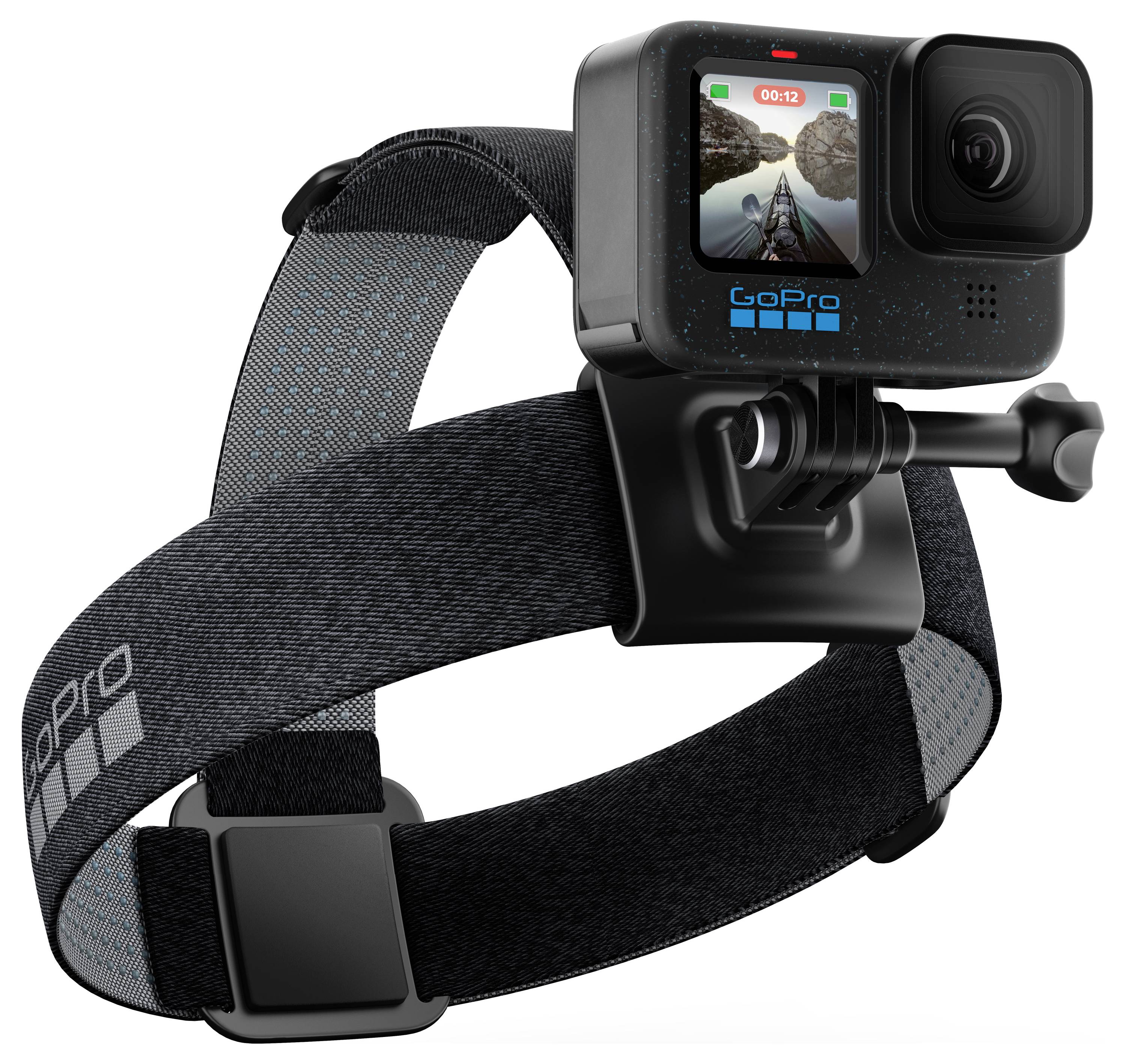 Kamera GoPro připevněná na černém textilním pásku na zápěstí, zobrazující na obrazovce scénu s kayakingem a stopkami v horní části displeje.