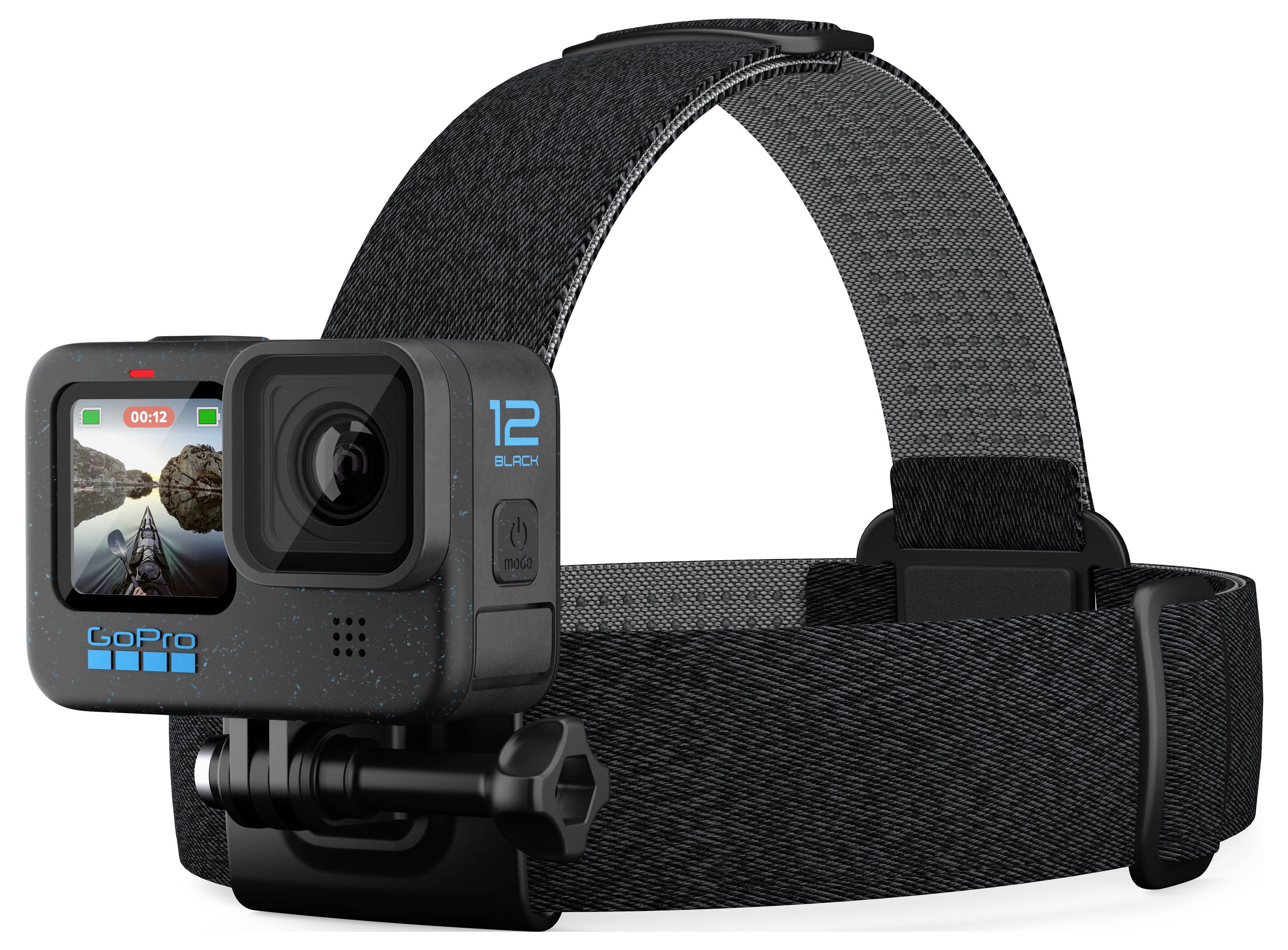 Kamera GoPro s čelenkovým úchytem je zobrazena, přičemž na náhledu kamery je viditelná loď kajak a na obrazovce jsou patrné údaje 'stby' a '00:23'.