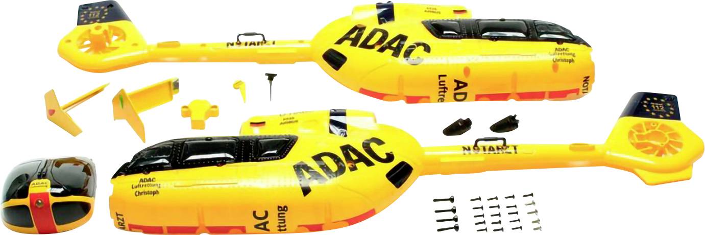 Dva žluté modelové vrtulníky s textem 'ADAC', zobrazené částečně smontované s různými komponenty, jako jsou rotorové listy a šrouby.
