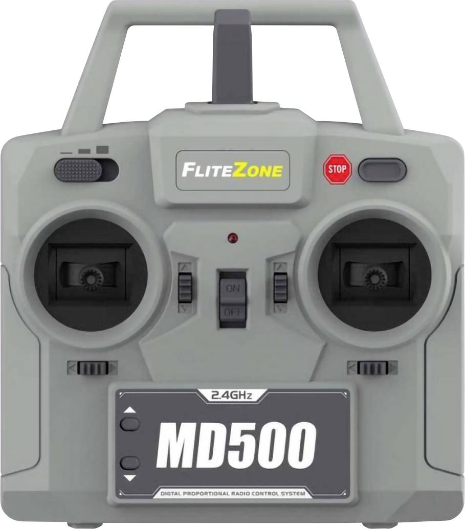 Šedý ovladač pro dálkové ovládání s nápisy 'FLITE ZONE' a 'MD500', vybavený dvěma ovládacími pákami, anténou a červeným stop tlačítkem.