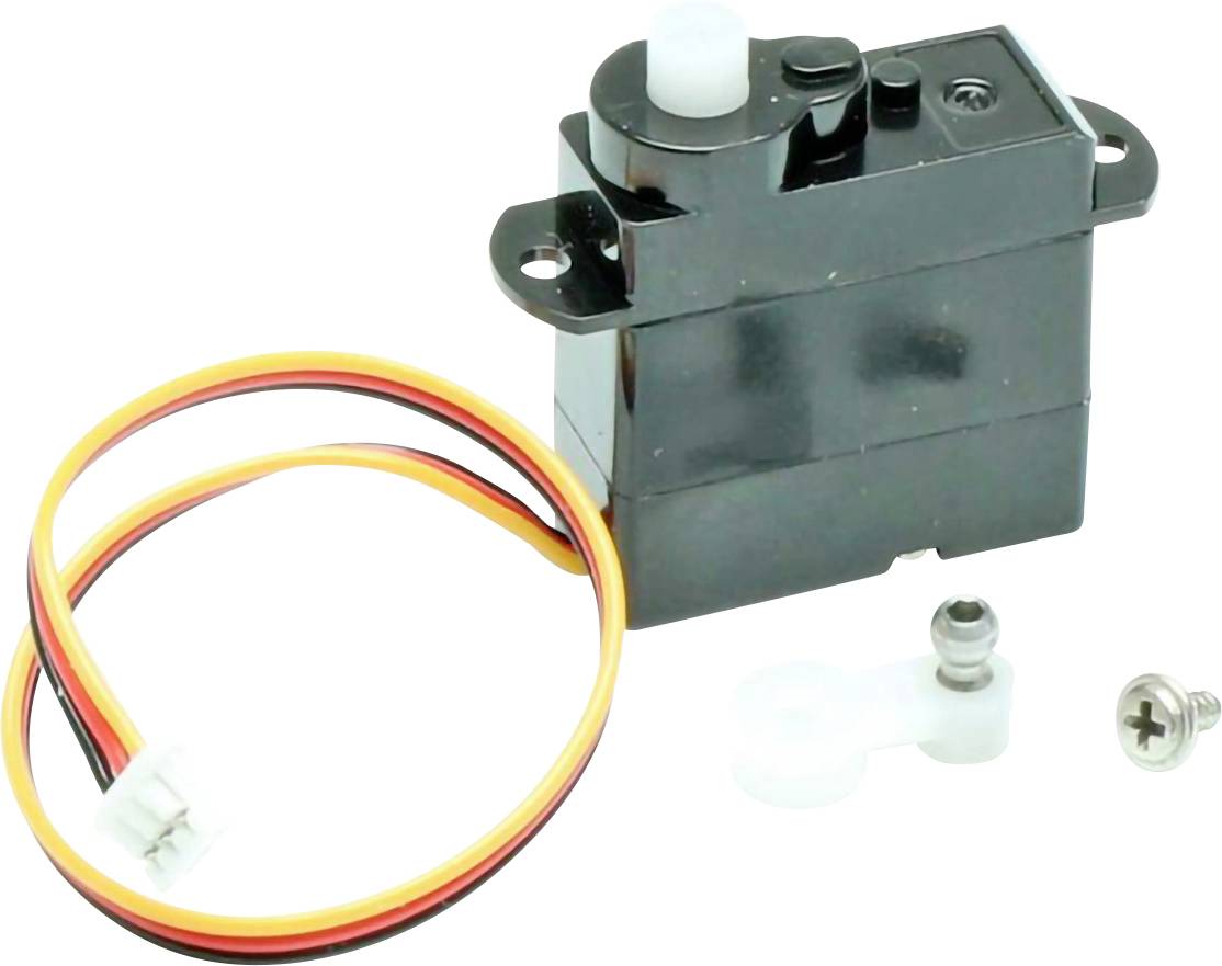 Malý černý servomotor s připojenými barevnými vodiči a bílým rotačním ramenem, zobrazený s montážním šroubem vedle něj.