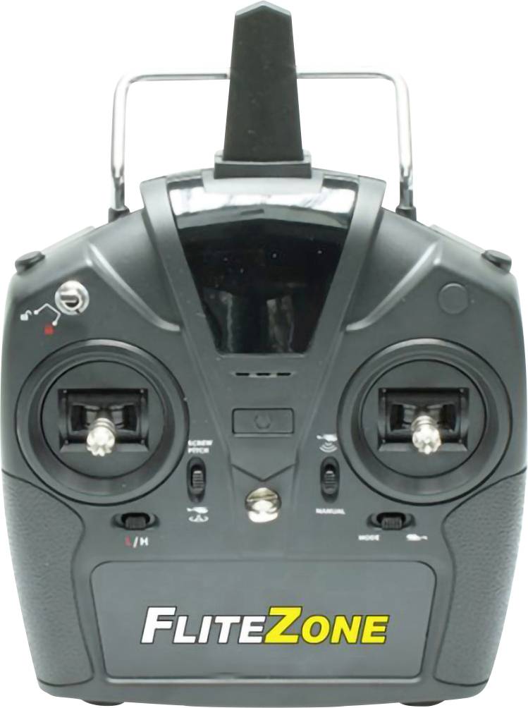 Černý dálkový ovladač 'FliteZone' pro dron nebo RC zařízení, který obsahuje dvě páky (joysticky), anténu a ovládací spínače.