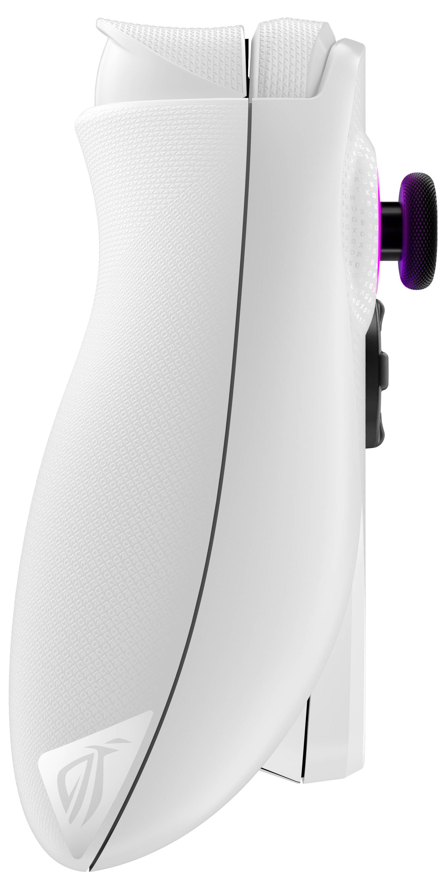 Bílý herní ovladač s texturovaným úchopem a fialovým joystickem po straně, navržený pro vylepšenou ergonomii a ovladatelnost.