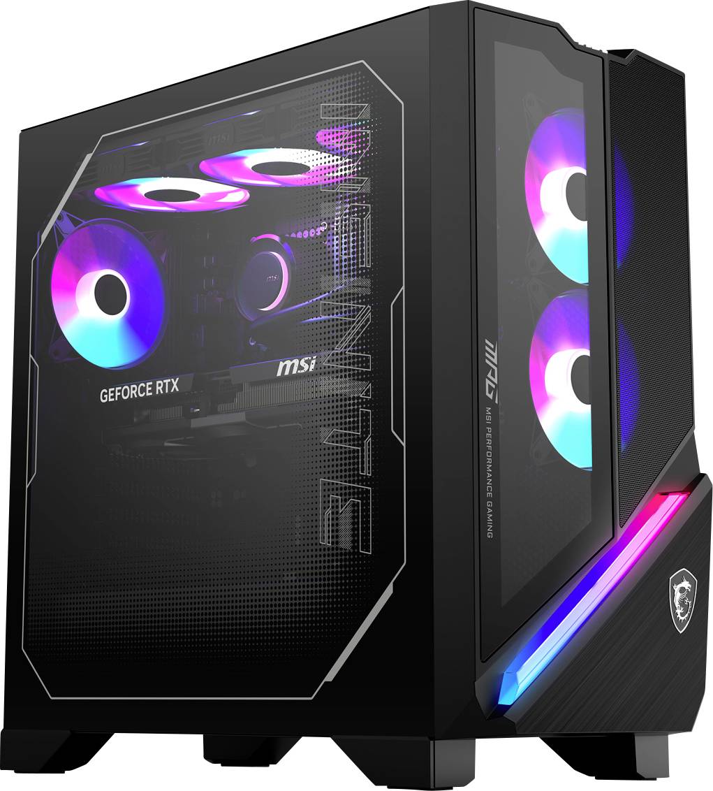 Herní stolní počítač s RGB podsvícením, který má průhledný boční panel odhalující vnitřní komponenty s viditelnými logy jako 'GEFORCE RTX' a 'MSI'.