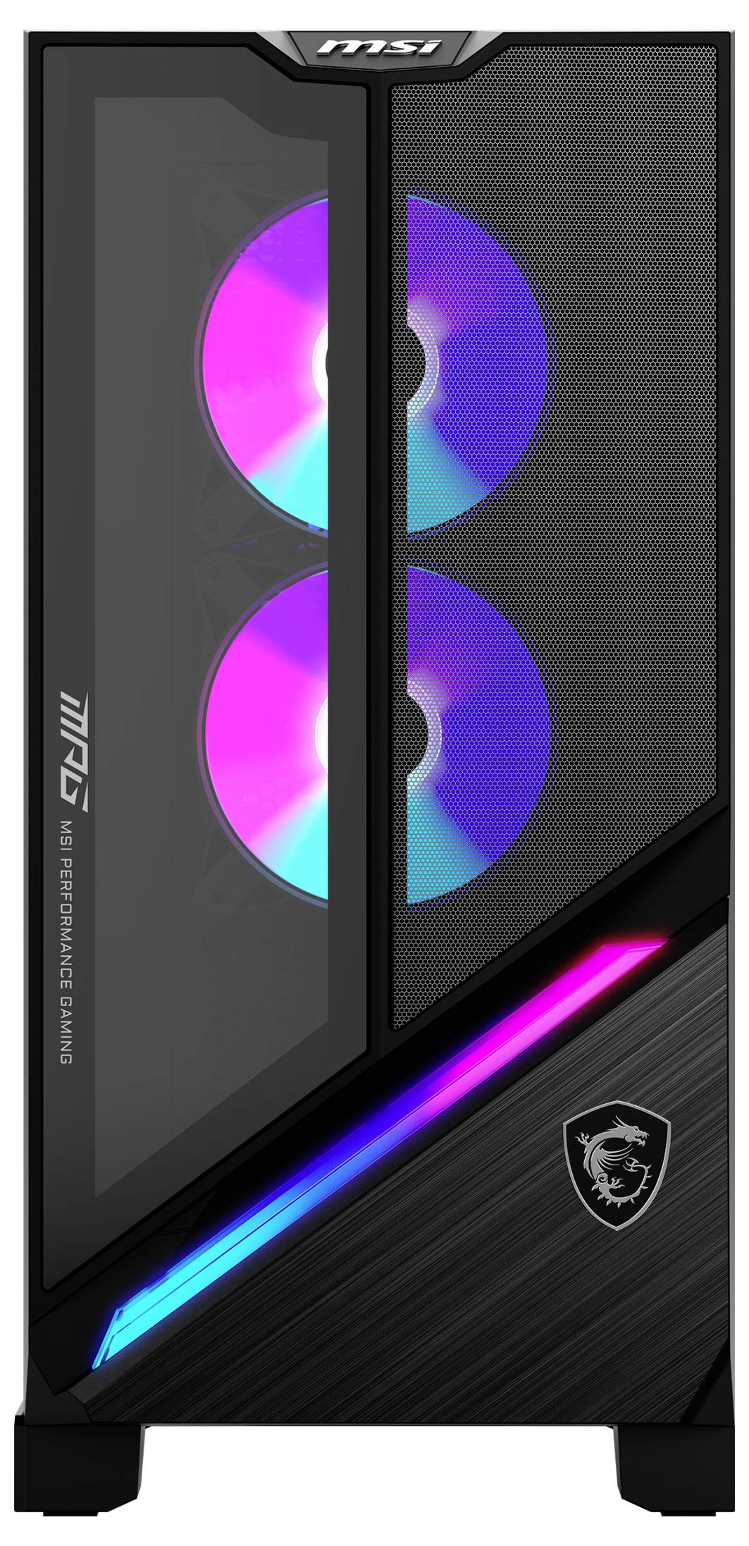 Černý počítačový box MSI obsahuje dva ventilátory s RGB podsvícením viditelné skrz průhledný panel. Na přední straně je umístěn diagonální RGB světelný pásek a logo MSI.