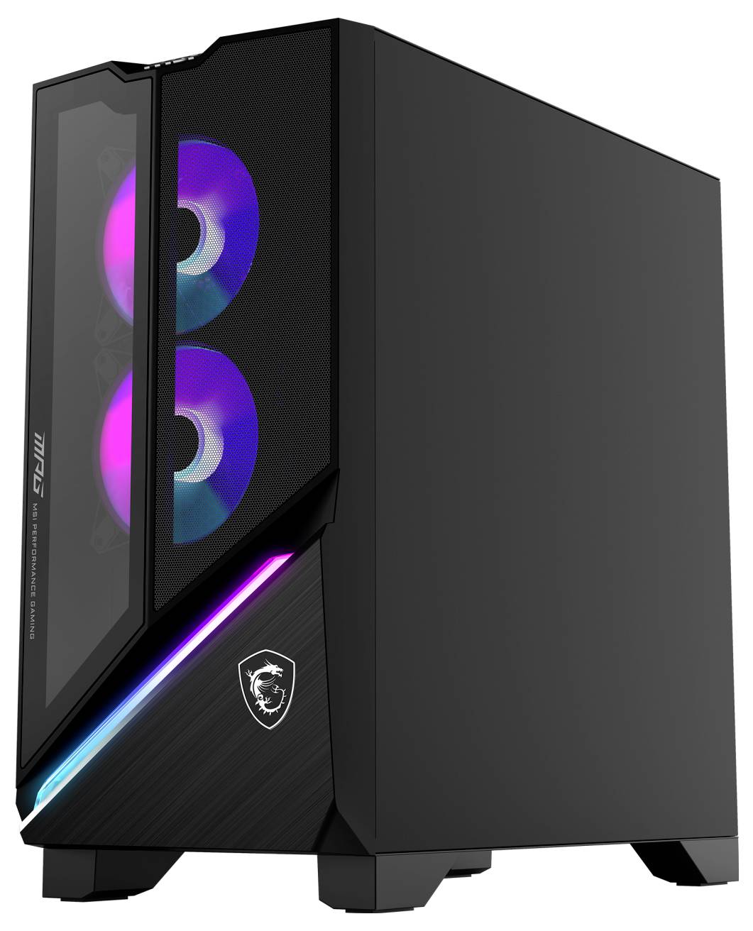 Černá herní PC skříň s osvětlenými RGB ventilátory a LED akcentem, vybavená proskleným bočním panelem a logem MSI na přední straně.