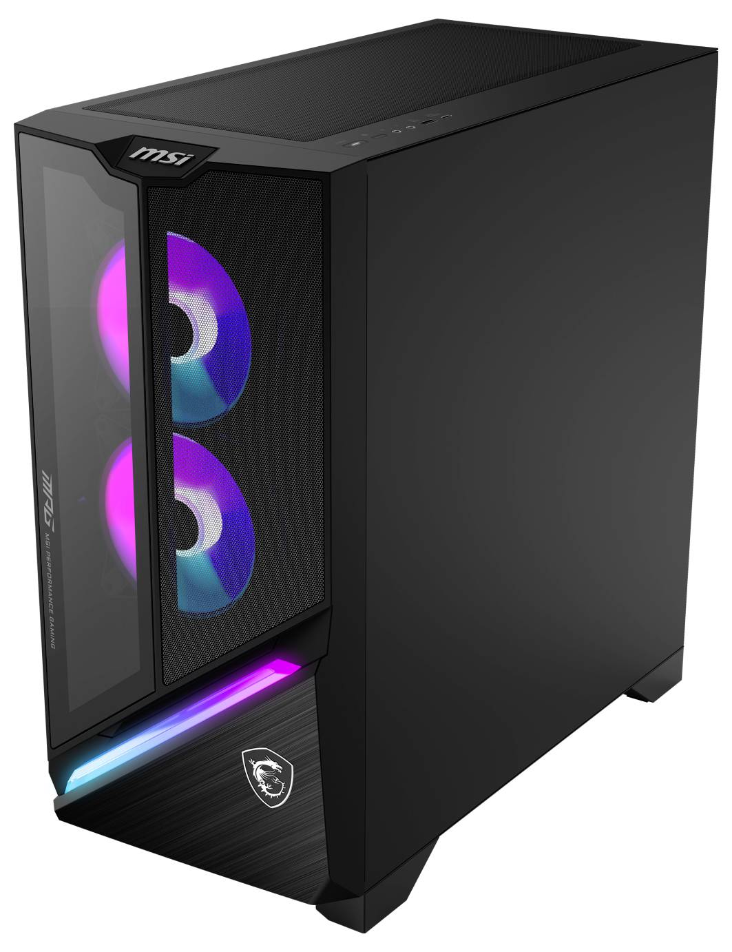 Elegantní černá počítačová skříň s proskleným panelem, který odhaluje dva vnitřní RGB osvětlené ventilátory, s logem 'MSI' na horní a přední straně.
