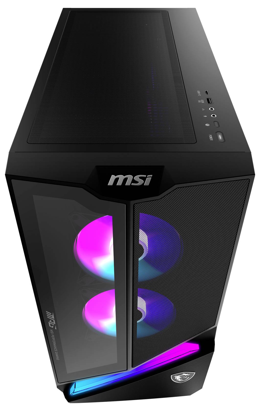 Černá herní počítačová skříň MSI s RGB podsvícením, s dvěma osvětlenými ventilátory viditelnými skrze průhledný boční panel.