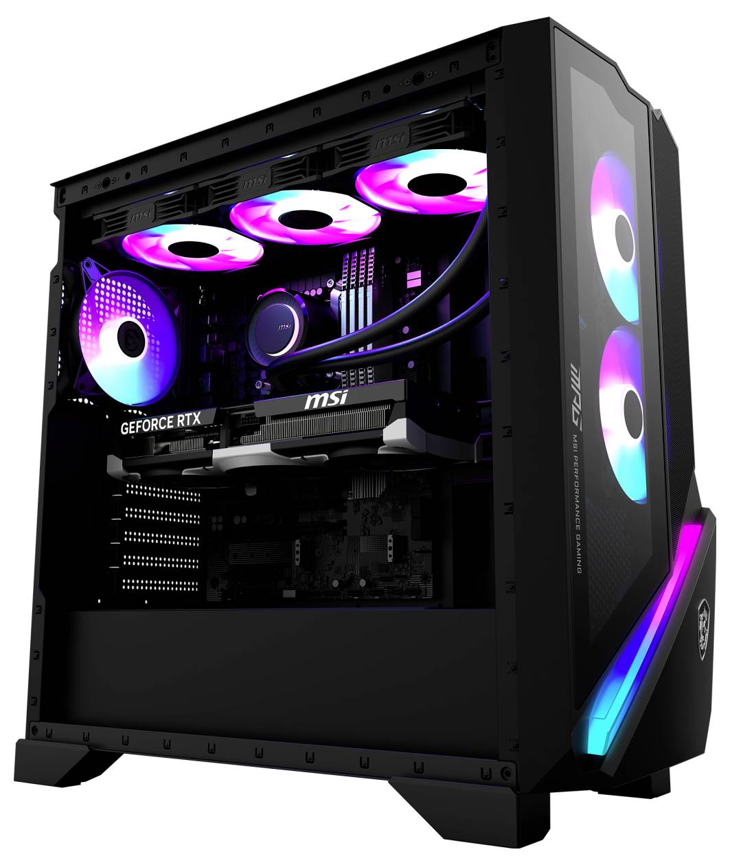Herní počítač s RGB osvětlením, který je vybaven grafickou kartou GeForce RTX a nese značku MSI, předvádí živé multibarevné ventilátory a akcenty.