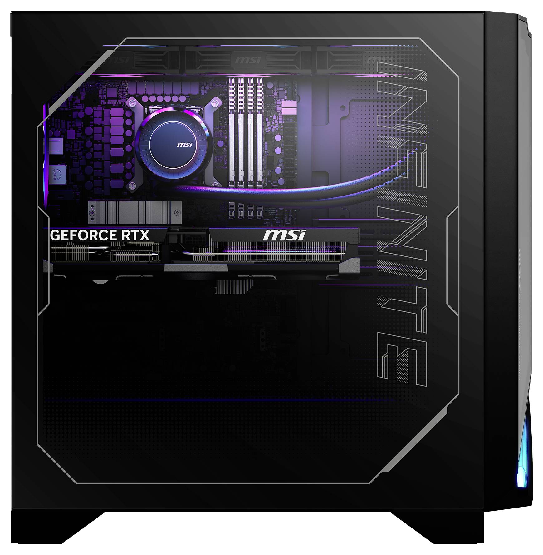 Herní stolní počítač s průhledným bočním panelem odhaluje vnitřní komponenty, včetně grafické karty 'GeForce RTX' a chladicího systému MSI.