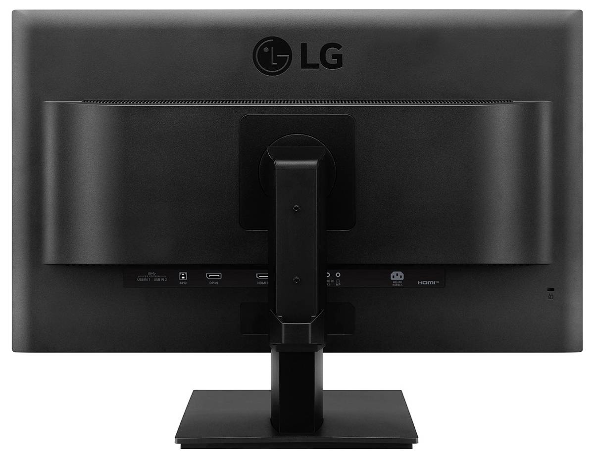 Obrázek zobrazuje zadní pohled na monitor LG na stojanu, kde jsou viditelné porty a napájecí tlačítko.