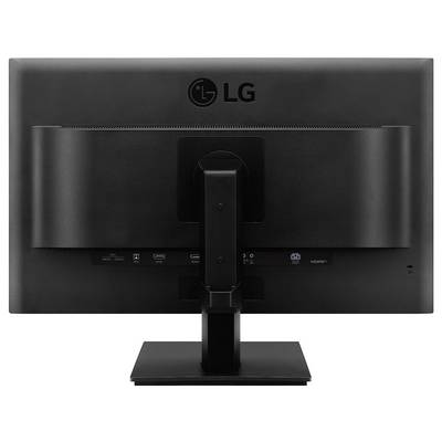 Obrázek zobrazuje zadní pohled na monitor LG na stojanu, kde jsou viditelné porty a napájecí tlačítko.