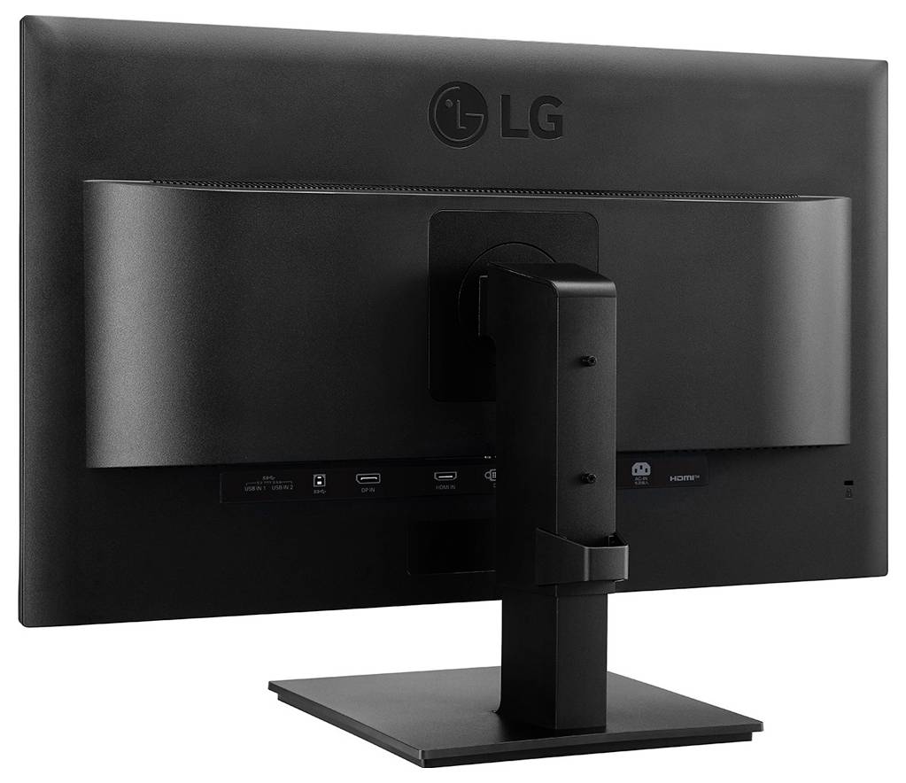 Pohled zezadu na černý počítačový monitor LG ukazuje jeho stojan a dostupné porty včetně připojení HDMI, DisplayPort a USB.