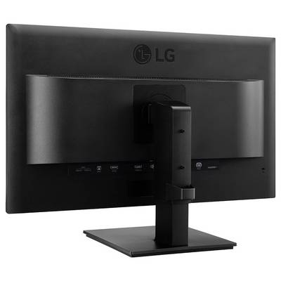 Pohled zezadu na černý počítačový monitor LG ukazuje jeho stojan a dostupné porty včetně připojení HDMI, DisplayPort a USB.