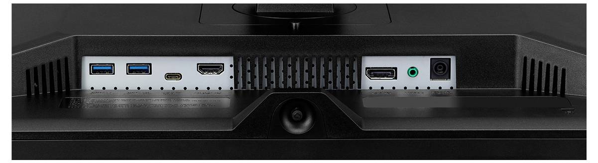 Zadní pohled na monitor zobrazující porty: dva USB, jeden HDMI, jeden DisplayPort, jeden audio konektor a napájecí vstup, vše zasazeno v černém rámu.