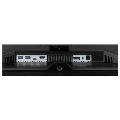 Zadní pohled na monitor zobrazující porty: dva USB, jeden HDMI, jeden DisplayPort, jeden audio konektor a napájecí vstup, vše zasazeno v černém rámu.