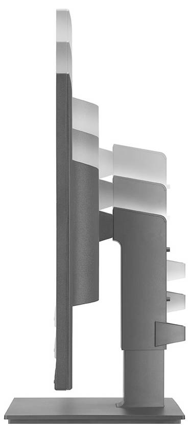 Boční pohled na moderní, tenký počítačový monitor s nastavitelným stojanem, zobrazující jeho elegantní design a minimalistickou estetiku.