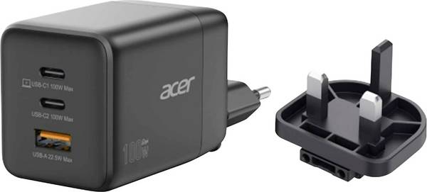 Acer HP.DSCAB.019 USB nabíječka, GaN, Rychlonabíječka, 2x USB-C®, 1x USB A , 100 W, Power Delivery 3.0, černá