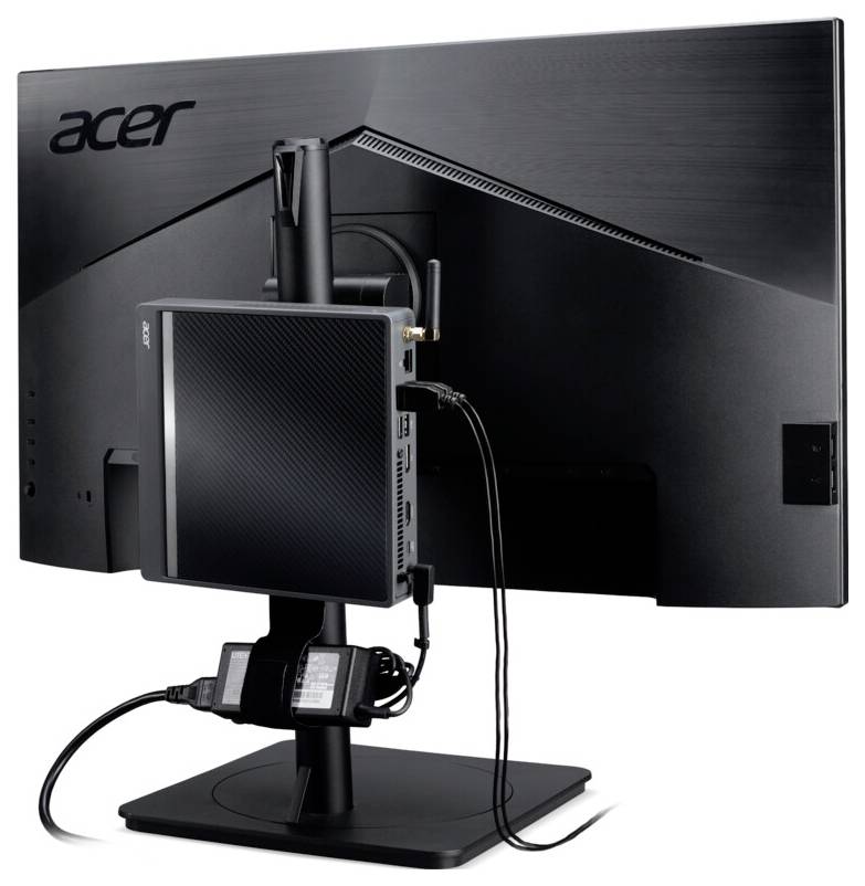 Monitor Acer s malým černým stolním počítačem připevněným na zadní straně, který zvýrazňuje úsporné prostorové řešení pro efektivní využití pracovního prostoru.