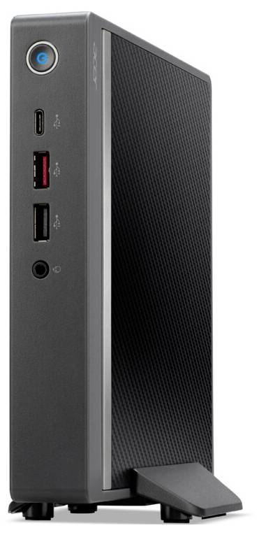 Černý desktopový miniaturní počítač s několika porty na přední straně, včetně USB a audio konektorů, umístěný vertikálně na malém stojanu.