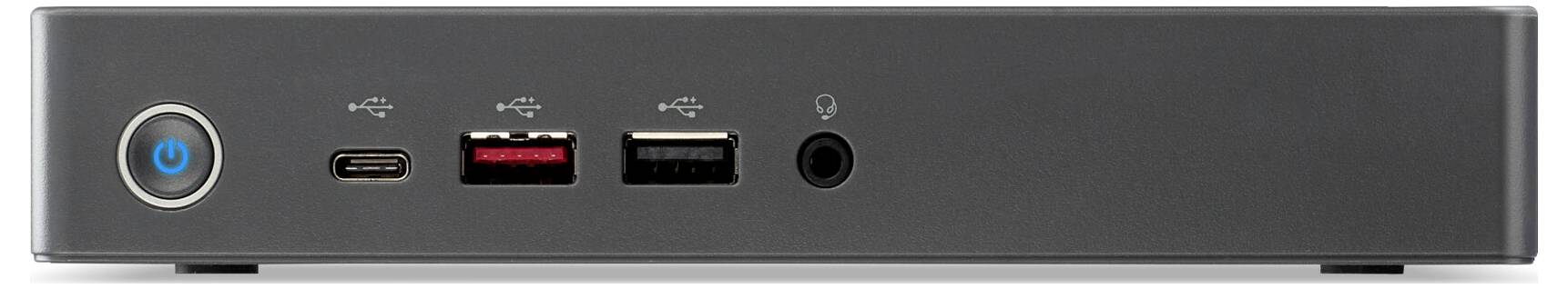 Malé, obdélníkovité elektronické zařízení s tlačítkem napájení, USB porty a sluchátkovou zdířkou na předním panelu; bez viditelného označení značky.