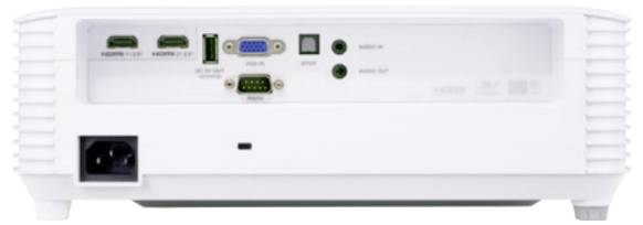 Pohled zezadu na bílé elektronické zařízení zobrazující různé vstupní porty: dva HDMI, VGA, RS-232, audio vstup, audio výstup a napájecí konektor.