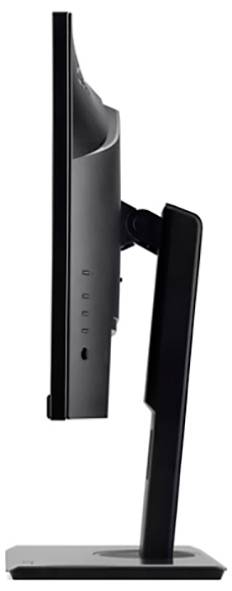 Boční pohled na tenký, černý počítačový monitor na stojanu, zobrazující jeho štíhlý a minimalistický design.