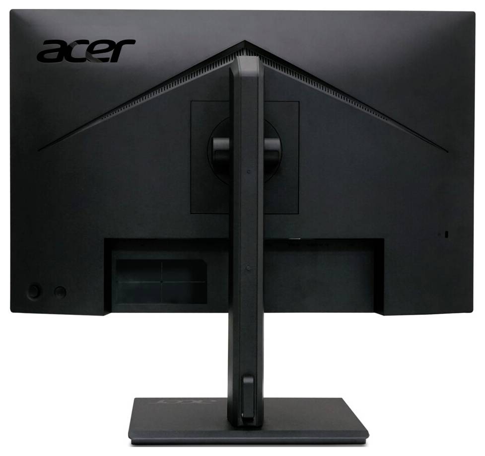Obrázek ukazuje zadní stranu černého počítačového monitoru Acer, s důrazem na jeho stojan a logo Acer v levém horním rohu.